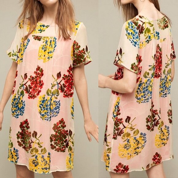 Anthropologie Maeve Flower Market Silk Velvet Swing Dress - Picture 1 of 8